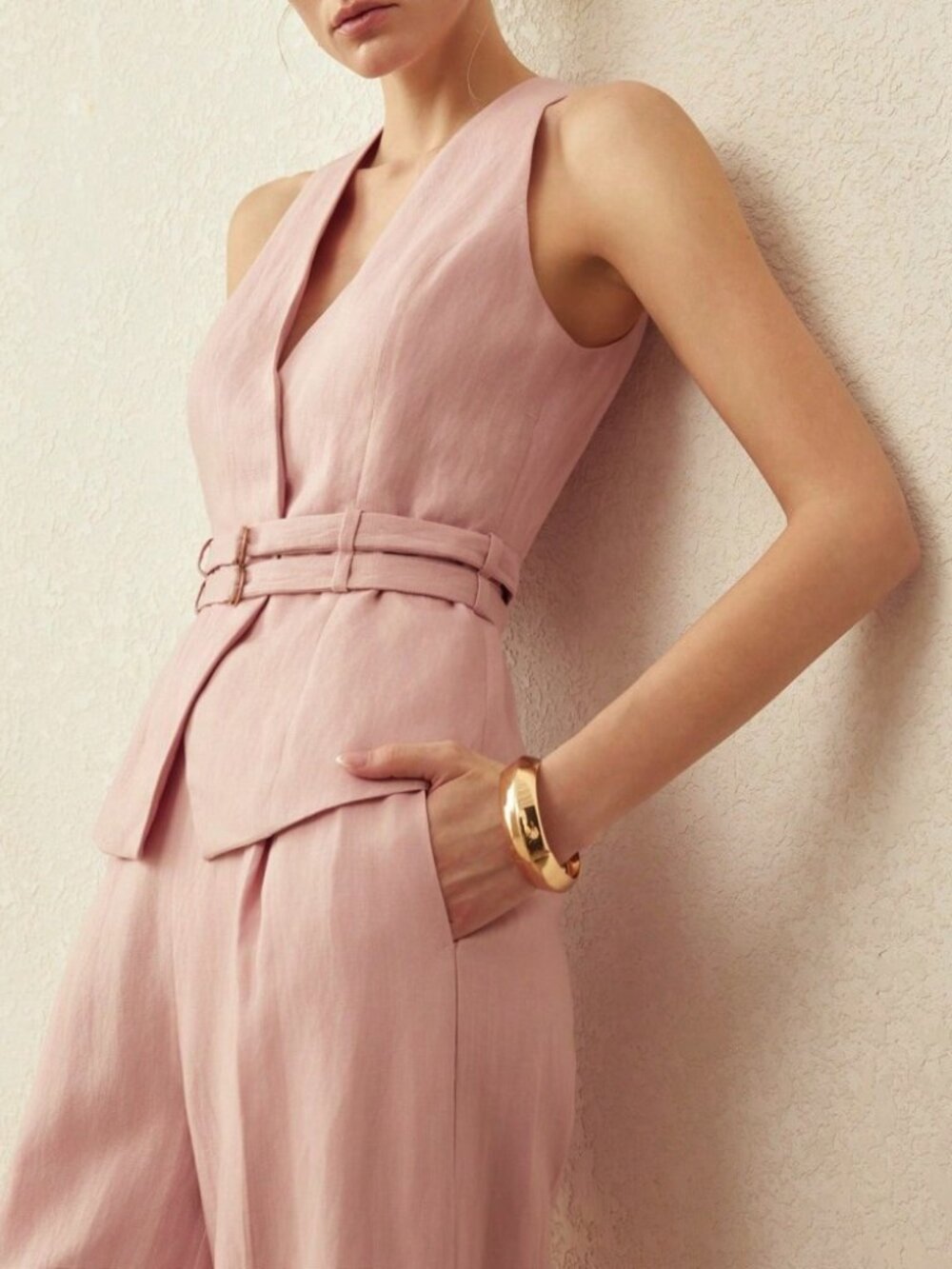 Dusty Pink Woven Double Belted Halter Neck Asymmetric Hem Vest
